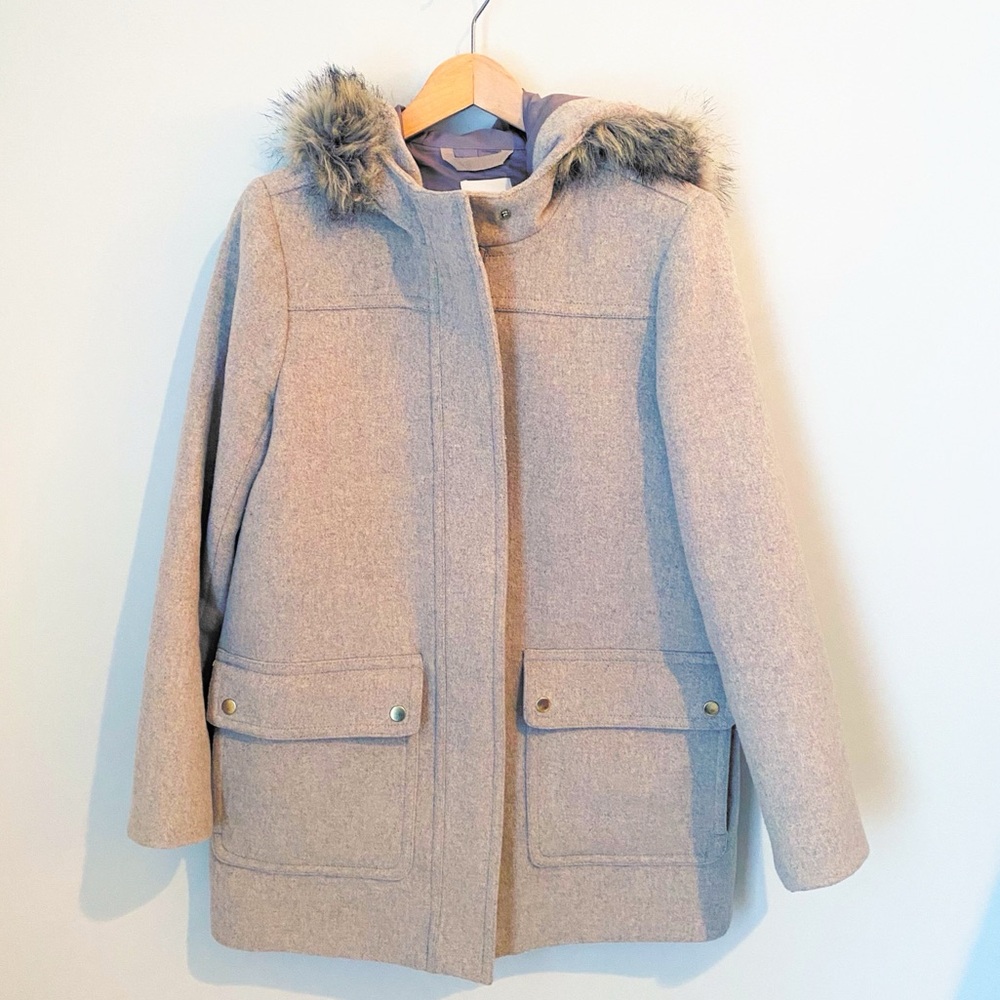 JCrew Tan Hooded Coat with Faux Fur Trim